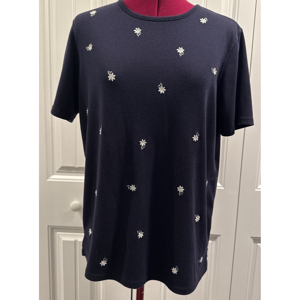 Classic Elements‎ Women's Embroidered Floral Top Blue Large